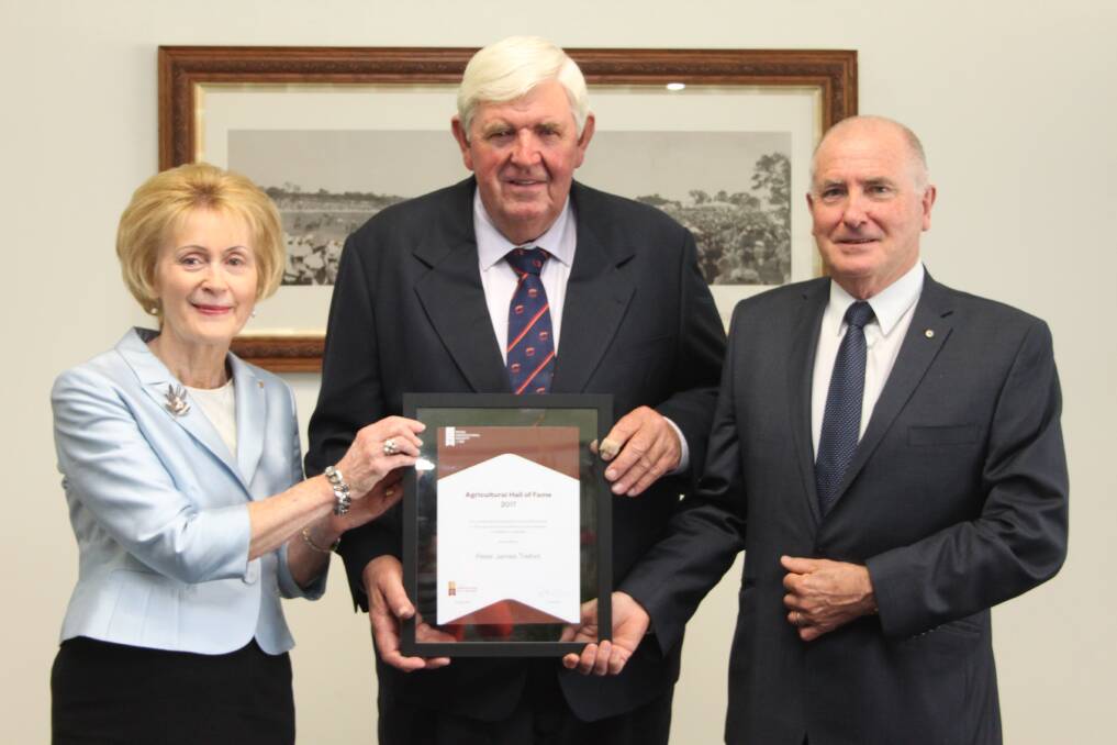 Peter Trefort (centre), pictured earlier this year with WA Governor Kerry Sanderson and former Royal Agricultural Society WA president Rob Wilson when he was inducted into the RASWA Agricultural Hall of Fame. Mr Trefort is the Stirlings to Coast Farmers group ambassador for its Great Southern farmers' co-operative proposal.