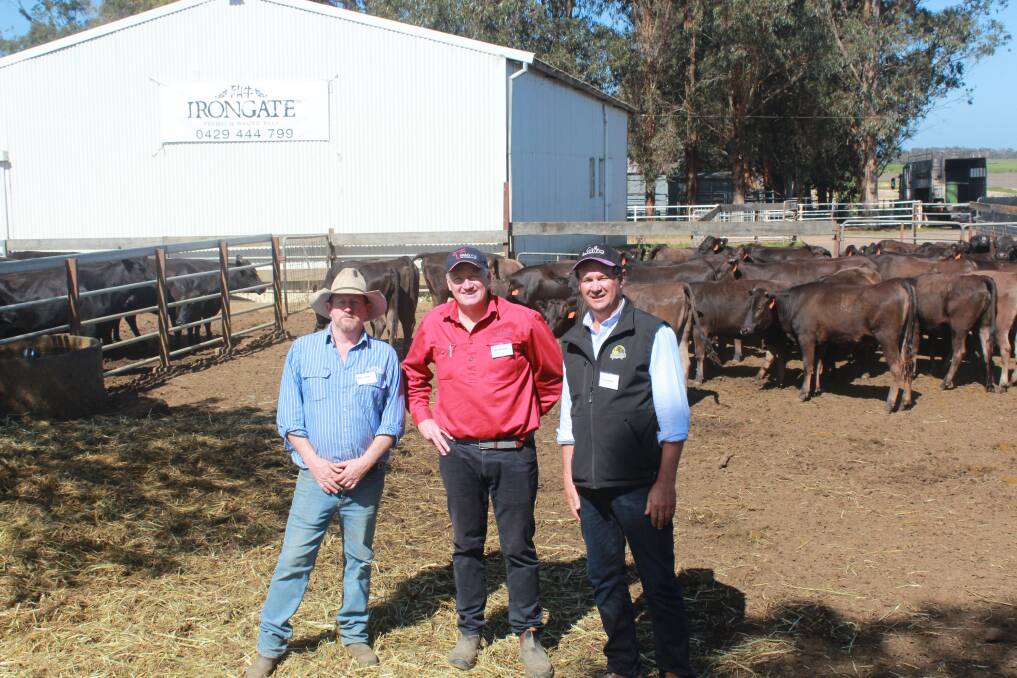  Irongate farm manager Mark James (left), Irongate managing director Peter Gilmour and WA Lot Feeders Association president Trevor Hinck, Kerrigan Valley Beef, Hyden, with some purebred Wagyu heifers on display at the Know and Grow Workshop held at Irongate Wagyu stud last week.