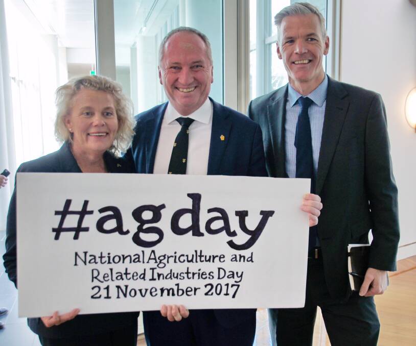 National Farmers' Federation president Fiona Simson, former deputy Prime Minister and Agriculture Minister Barnaby Joyce and NFF chief executive Tony Mahar launch AgDay at Parliament House in September.