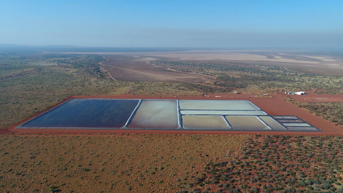 Kalium Lakes Ltd estimates more than 3000 tonnes of potassium-rich salts – equivalent to about 170 tonnes of processed Sulphate of Potash fertiliser - have already accumulated in its pilot solar evaporation pondage system, above, at its Beyondie project in the Little Sandy Desert, 160 kilometres south-east of Newman. Potassium-rich brine is pumped from beneath the salt lake in the background into 