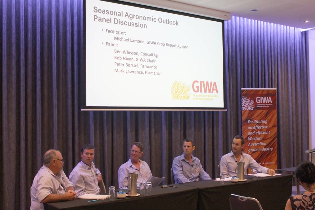 Farmanco agronomists Peter Borstel (left) and Mark Lawrence, Grains Industry Association of Western Australia (GIWA) crop report author Michael Lamond, ConsultAg agronomist Ben Whisson and GIWA chairman Bob Nixon led discussions on the 2017 season at GIWA's Seeding Success event last week.
