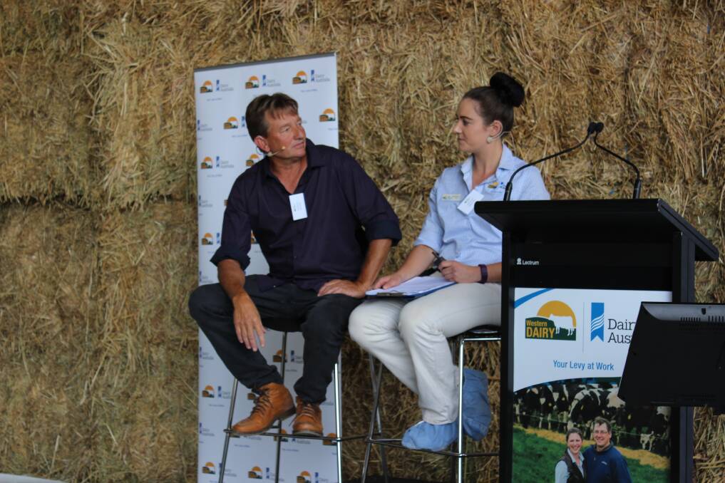  Spring field day host Darren Merritt is interviewed by Western Dairy's Jess Andony. Later speakers echoed his message that finding the right people and building a team culture within his workforce was an important aspect of successful dairy farming.