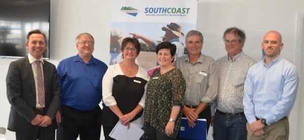  South Coast NRM chief executive officer Justin Bellanger (left), outgoing chairperson Bill Hollingworth, chairperson Carolyn Daniel and directors Jo Gilbert, Stephen Frost, Andrew Bathgate and Alex Gavranich.