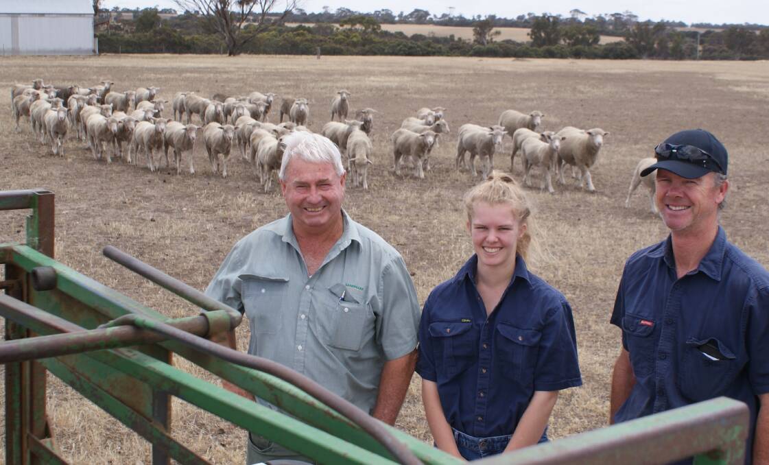  WAMMCO's Producer of the Month Gavin Lamont (right), Gnowangerup with his daughter Rachel and Mike Moore, Landmark Gnowangerup.