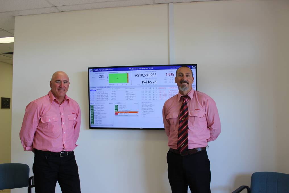 New Elders' WA zone agri-finance manager John Reilly (left), who joined in September from Bankwest, was being shown over the Western Wool Centre by Elders wool manager Danny Burkett on a $10 million trading day. Mr Burkett said one of the most satisfying aspects of record wool prices this year was they were achieved with gradual and sustainable rises.