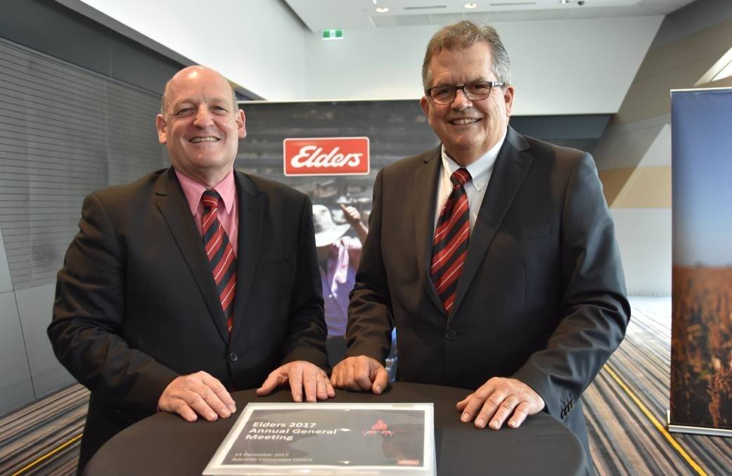  Elders chief executive officer Mark Allison (left) and chairman Hutch Ranck at the Elders annual general meeting, where they looked back on what Mr Ranck called "another incredible year of milestones".