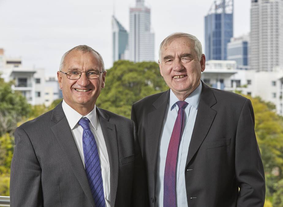 CBH Group chief executive officer Jimmy Wilson (left) and chairman Wally Newman have welcomed a record surplus and record rebates to growers from a record harvest last season, but warned growers not to expect CBH to match the rebates this year.