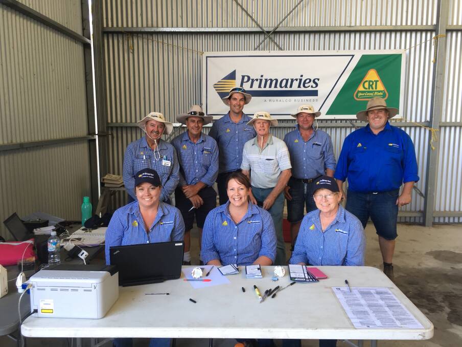 Vendor Doug Wright (fourth from left, back row) with the Primaries team after the successful clearing sale at Borden last week. Front row: Jodie Matthews, Rebecca Way, Glenys Madew. Back row: Primaries Auctioneers Peter Sheridan and Terry Zambonetti , Tom McInerney, Sacha Williams and Geoff Daw.