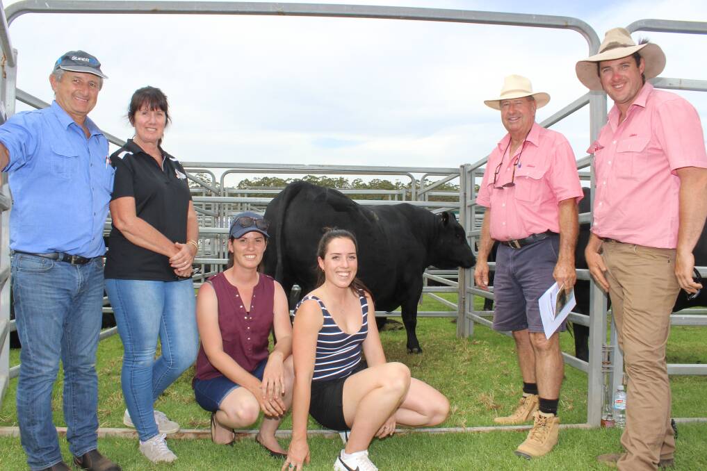 With the $11,000 top-priced bull at the Gandy Angus on-property sale at Manjimup last Friday were Gandy Angus stud principal Kim Gandy (left), buyers Trish, Lyndsay and Brooke Phillips, Kanangra Grazing, Manjimup, with Elders Nannup agent Terry Tarbotton and Elders Manjimup representative Cameron Harris.