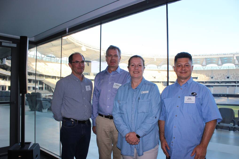  Presenters at the Bayer Crop Science Innovation Update, Alan McKay (left), Friedrich Kerz-Moehlendick and Peter Boutsalis with Bayer's head of product development in Australia Sue Cross.