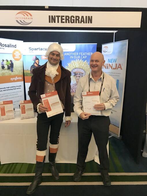 InterGrain WA marketing territory manager Kynan Jackson (left) dressed as English botanist Joseph Banks who was the inspiration behind newly-named barley variety Banks. Mr Jackson is pictured with InterGrain barley breeder David Moody at the Grains Research and Development Corporation's Research Updates, Perth, last week, where Banks was given its official title.