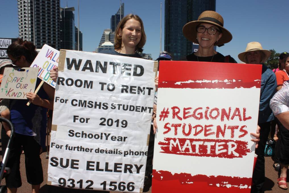 Katie Manns (left), Moora, and Jenny Rodan, Moora, at a recent rally against the closure of the Moora Residential College and other regional education cuts at State Parliament.