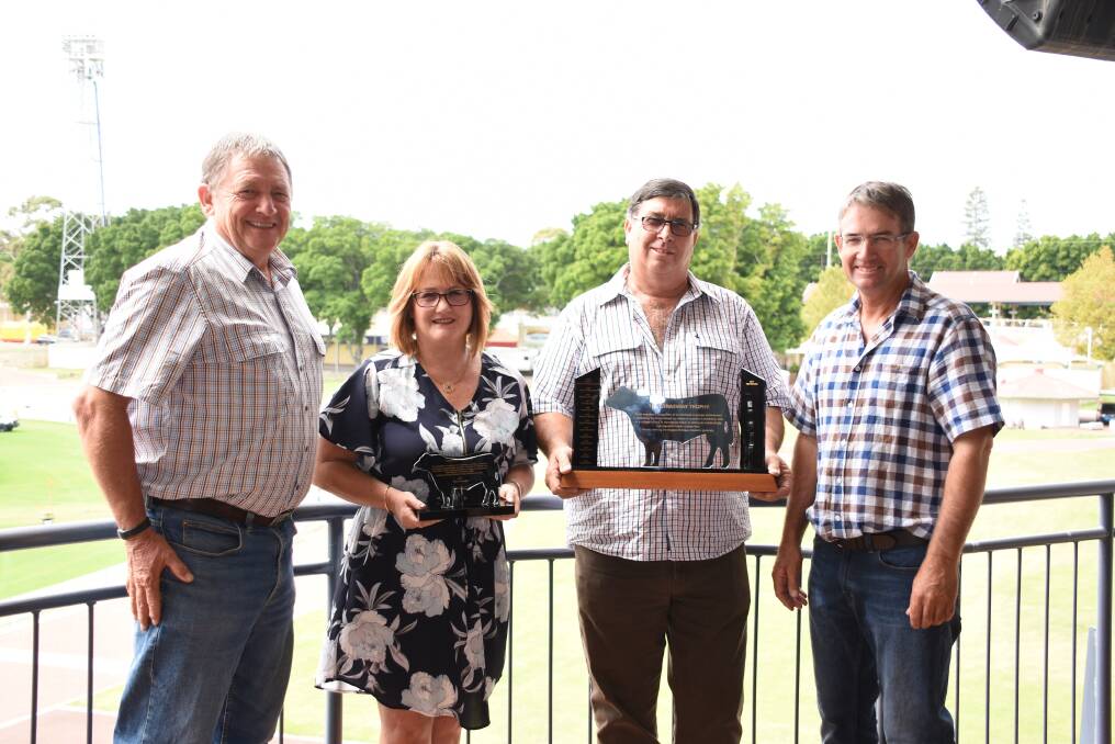 This year's winner of the WA Angus Society's prestigious Strathtay Trophy Wes Graham (second right), Esperance, was presented with the award at the society's annual general on Tuesday. With him after the presentation were incoming WA Angus Society chairman Mark Hattingh (left), Redhat stud, Wannamal,  Fran Graham and outgoing WA Angus Society chairman Tony Sudlow, Kapari stud, Northampton.