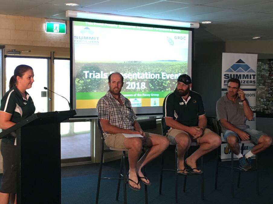  Facey Group executive officer Sarah Hyde (left) facilitates the annual farmers forum panel, with panel members Alan Manton, Yearlering, Luke Lansdell, Wickepin and Craig Jespersen, Yearlering and Wickepin. The men operate different farming systems and have been involved in previous trial work.