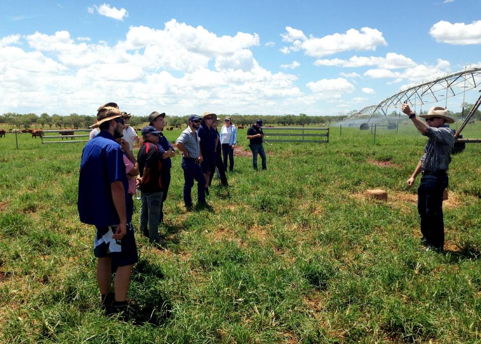  Greg Stewart (right), Nelson Sprinklers, demonstrates sprinkler patterns to participants at Mowanjum station, Derby. Recent irrigation workshops have been held in the Kimberley and Pilbara regions.