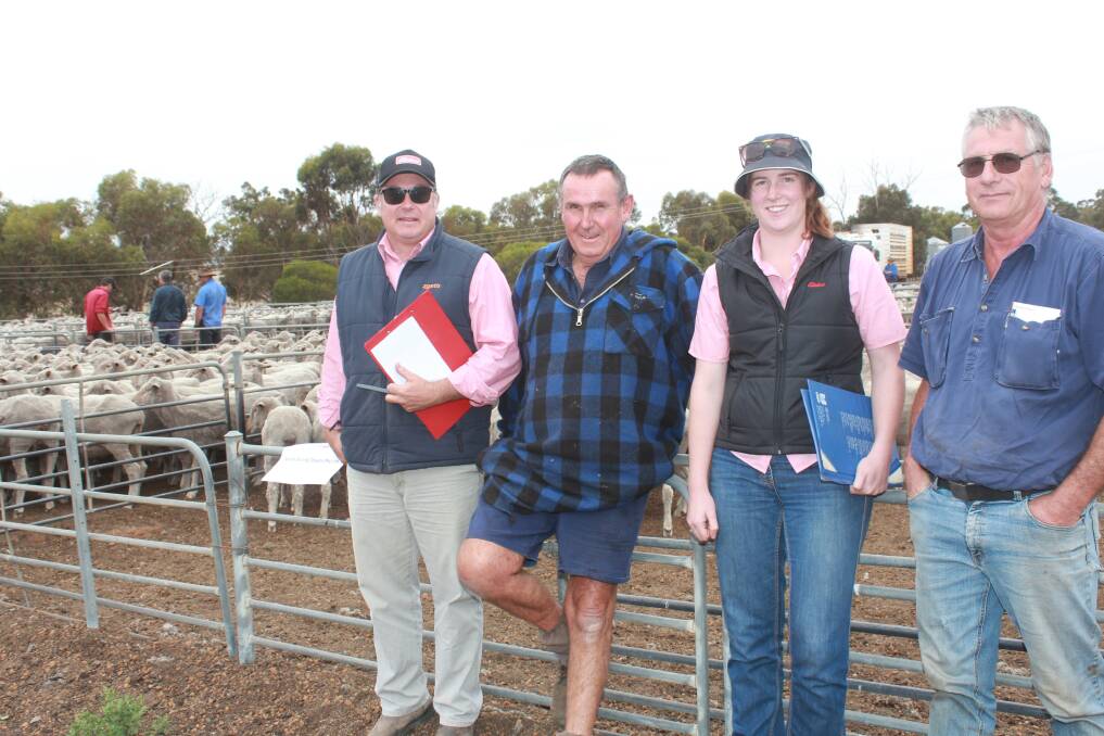 Looking over the yarding of ewes at the North Stirling Downs Pty Ltd surplus ewe sale last Wednesday were Dan Barber (left), Elders Cranbrook, Phil Horricks, Cranbrook, Laura Archer, Elders Cranbrook and Jeff Taylor, Mt Barker Transport.
