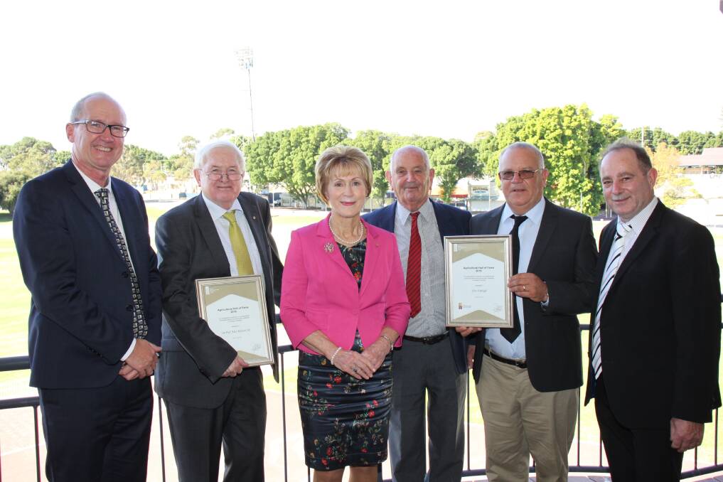RASWA president Paul Carter (left), with Emeritus Professor Alan Robson AO, who was inducted into the RASWA Hall of Fame on Tuesday, the Governor of Western Australia, Her Excellency the Honourable Kerry Sanderson AC and Winston Farleigh and his sons David and Brian whose father and grandfather, the late Eric Farleigh, was also inducted.