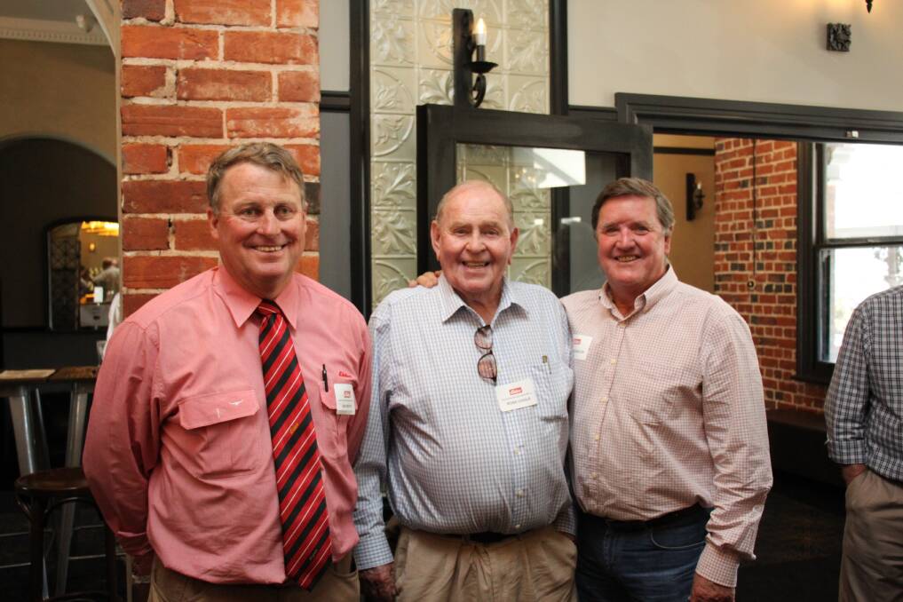 Elders zones sales performance manager Ian White (left), represented the Elders management team at the function where he caught up with Ross Coole, Nedlands and Ken Reynolds, Mandurah.
