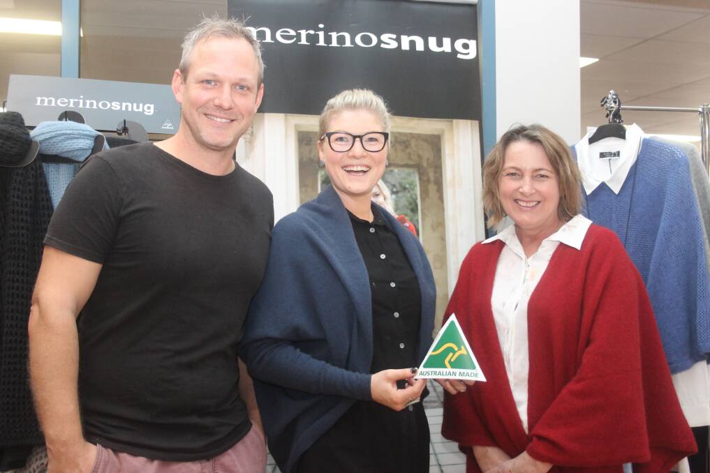 Williams Woolshed partners Simon (left) and Kim Maylor with Raelene Cowcher wearing some MerinoSnug products on sale at the woolshed.