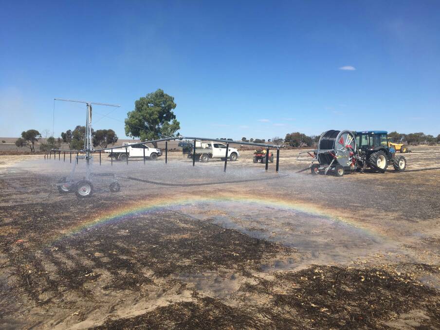One of the Department of Primary Industries and Regional Development's five mobile irrigators, which are being used to simulate environmental conditions for a range of grains research trials, at its Wongan Hills facility.