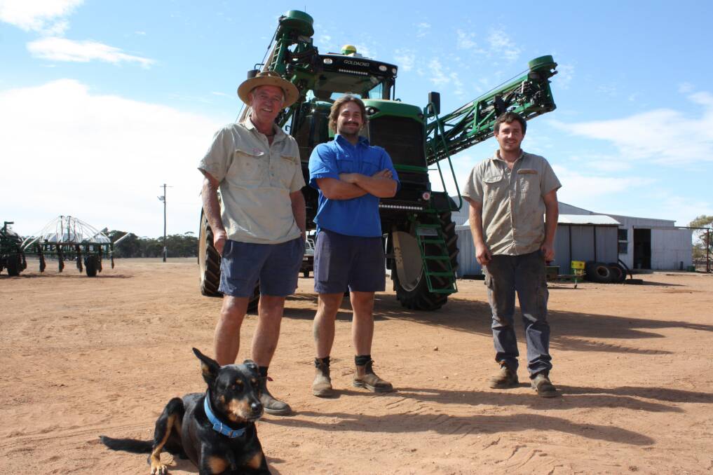  Wade (left), Luke and Brady Pearson, pictured with dog Woody, are happy with their new Goldacres SP sprayer, which was saw some action over summer after 75 millimetres of rain in January.