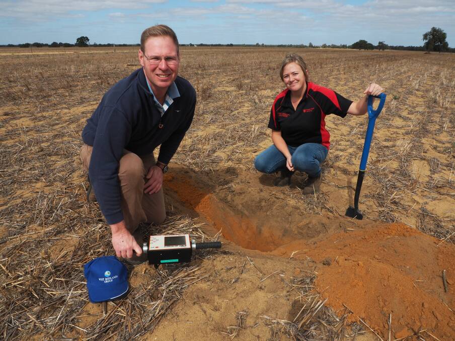 WMG executive officer Nathan Craig and WMG project officer Brianna Hindle testing Dandaragan soil using the penetrometer.