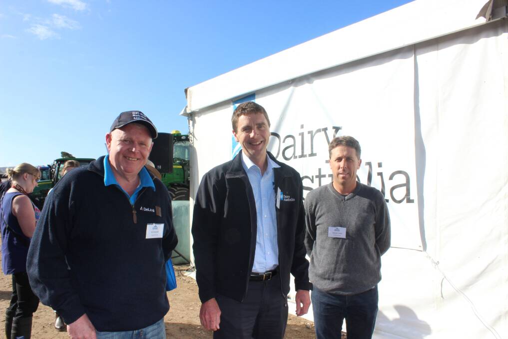  Dairy Australia managing director Ian Halliday (centre) attending his last Western Dairy innovation day. He is with Kim Norwell (left), DeLavel and Waterloo dairy farmer Warrick Tyrrell.