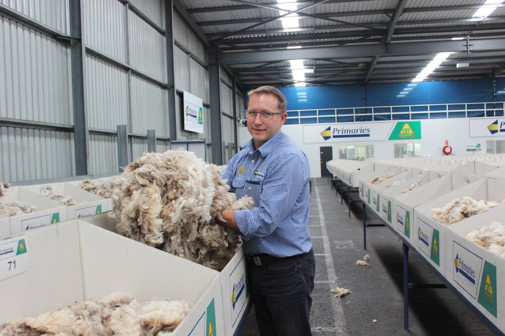  Primaries of WA wool manager Greg Tilbrook shows off the first Karradale Trading wool from a six-month shearing trial. It sold to a top of 1669 cents a kilogram greasy.