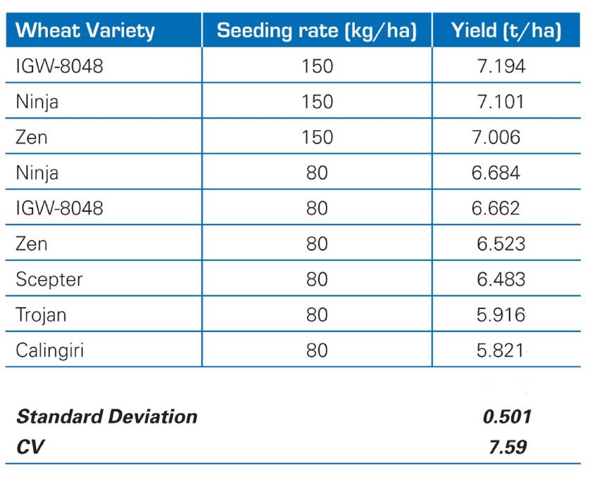 This graph shows the combined yields for each variety in the plot trials at West Kendenup last year in comparison to the seeding rate. During the dry start to the season, with only 49 millimetres of rain for April, May and June, the site didn't show very high yield potential, until 118.2mm fell in July.