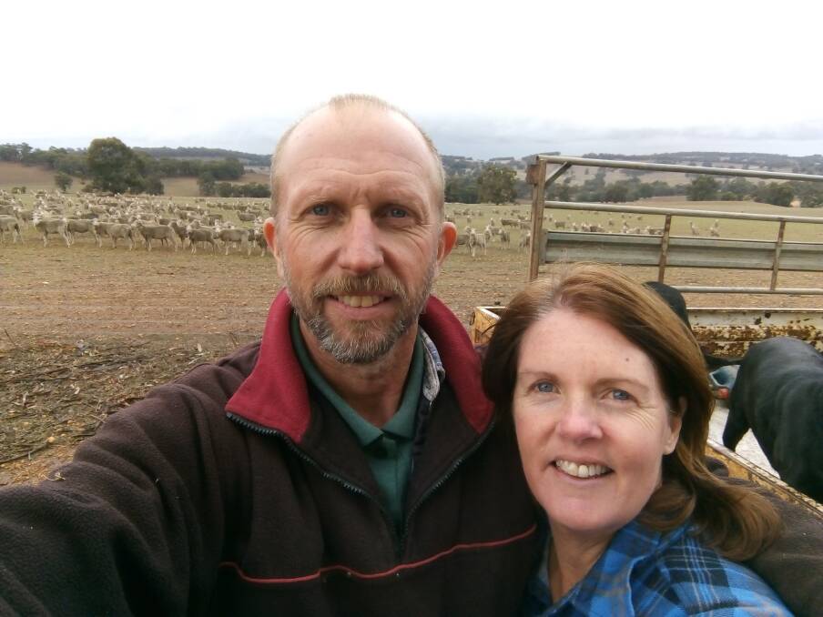  Geoff and Michelle Gooding pose for a selfie on the family farm at Darkan where they operate a 70 per cent sheep and 30pc cropping program.The Goodings are one of a group of families that have undertaken a letter writing campaign to defend the live sheep trade.