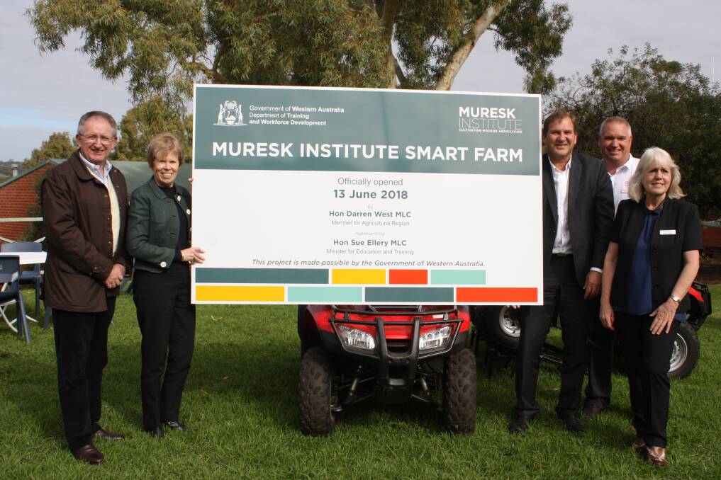 State Training Board chairman Jim Walker (left) with Department of Training and Workforce Development director general Anne Driscoll,  Agricultural Region MP Darren West, Regional Communications Specialist principal sales consultant Leigh Ballard and Muresk general manager Prue Jenkins. The plaque will be on display at Muresk.