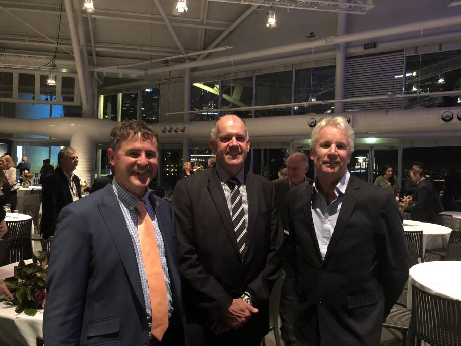  Australian Farm Institute executive director Richard Heath (left) with his predecessor, ACCC deputy chairman Mick Keogh and AFI director and Australian Pork Limited chief executive officer Andrew Spencer at the Digital Farmers 2018 gala dinner.