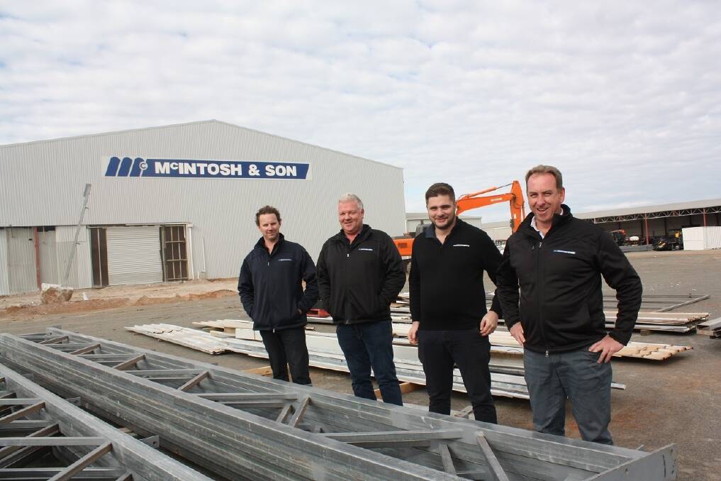 Checking over the progress of an expansion of the McIntosh & Son Katanning branch last week, were service manager Daniel O'Neill (left), sales manager Ben Daniel, parts manager Ashton Nehme and branch manager Devon Gilmour. The area covers 42 metres (140ft) by 35 metres (115ft) with the building expanding the parts and administration areas along with a new showroom.