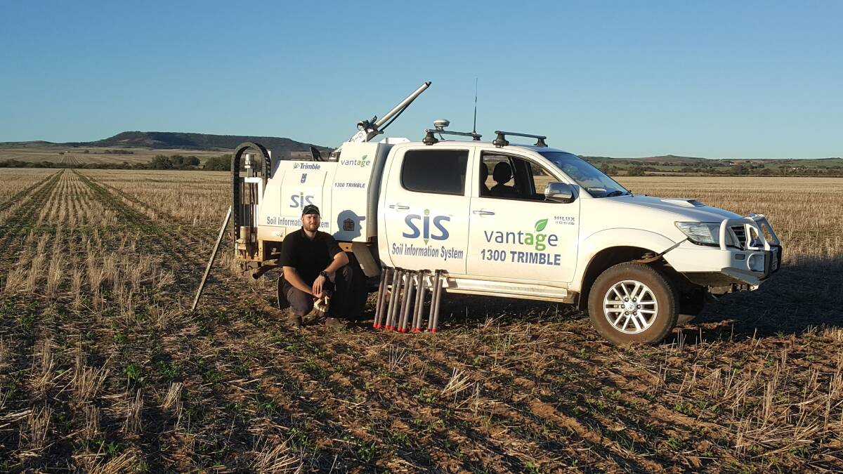 Vantage WA's Josh Pearse with the Trimble Soil Information Services vehicle. Josh was conducting Soil Information Services system work at Geraldton.