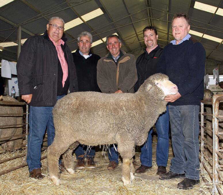 With the Maunda Poll Merino ram that sold privately for a new stud record top price of $30,000 to the Woolkabin stud, Woodanilling, at the Narrogin Long Wool Day, were Woolkabin co-stud classer Kevin Broad (left), Elders stud stock, buyers Eric and Chris Patterson, Woolkabin stud, Nathan King, Elders stud stock and Wayne Button, nManunda stud, Tammin.