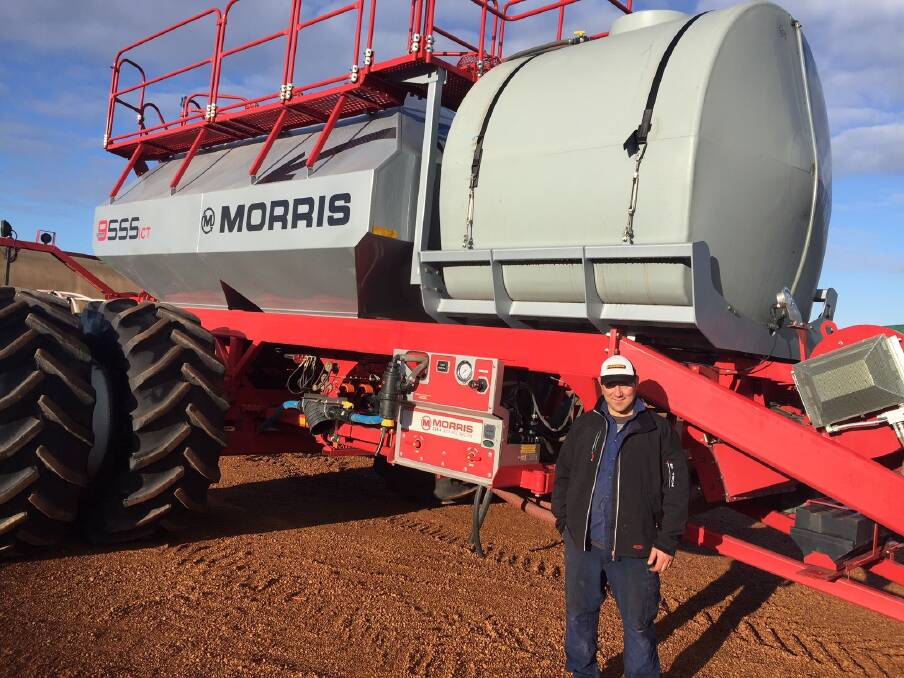  Toodyay farmer Jerome Candeloro with the family's Morris 9555 air cart with Input Control Technology (ICT) and integrated liquid tank. Jerome said the family was seriously considering switching its other two air carts to Morris carts with ICT.