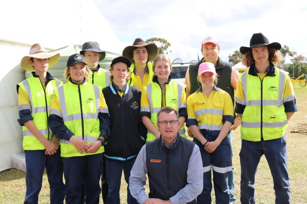 Students Dane Fowler (left), Axel Wood, Cooper Bullin, Bryn Quicke, Mitchell Drozd, Hannah Husbands, Averlii Devlin, Elders Mingenew manager Jarrad Kupsc, and Dylan Johnson with Dave Bliss (front), Waratah, Perth, at the awards presentations last Wednesday afternoon.