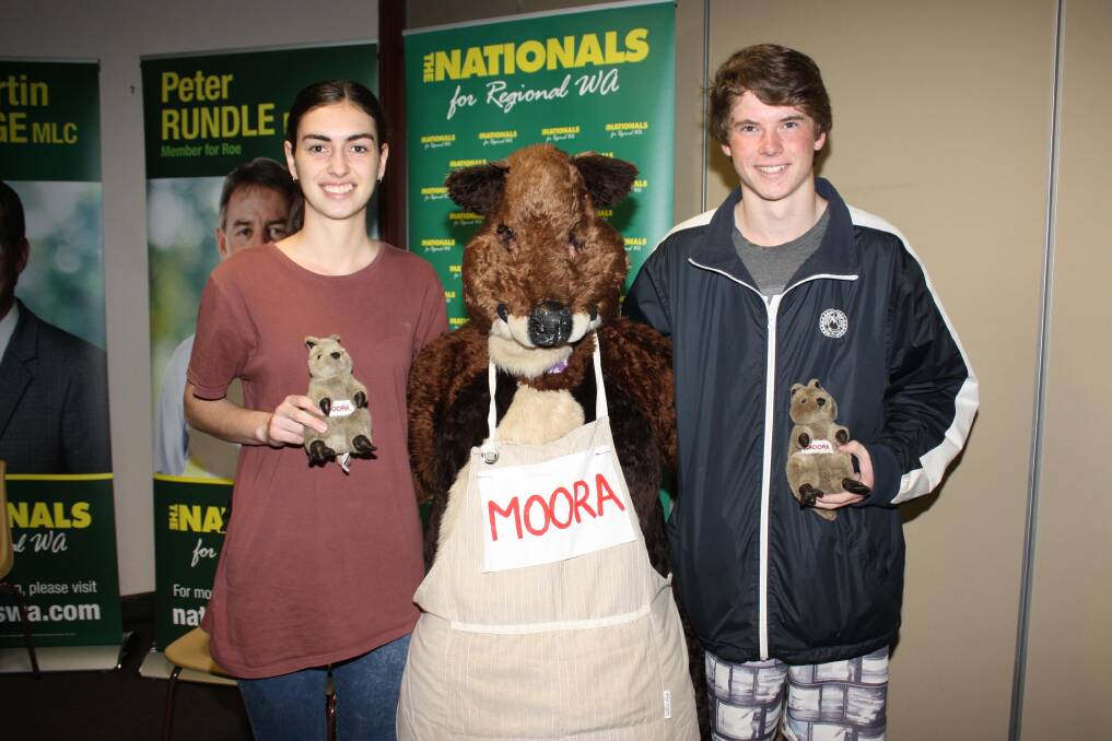 Central Midlands Senior High School students and Moora Residential College boarders Sena Lefroy, Yuinmery station and River Richards, Lancelin, with the Moora Quokka at Monday night's community forum at Moora. 