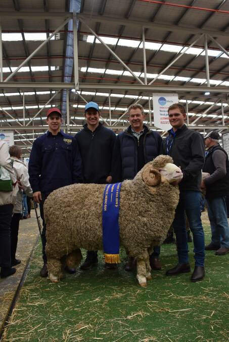  Last month it topped the ram sale at the Rabobank WA Sheep Expo & Sale at Katanning when it sold for $22,500. With the ram at Bendigo are Barloo's Fraser (left), Timm and Richard House and Will Limbert.
