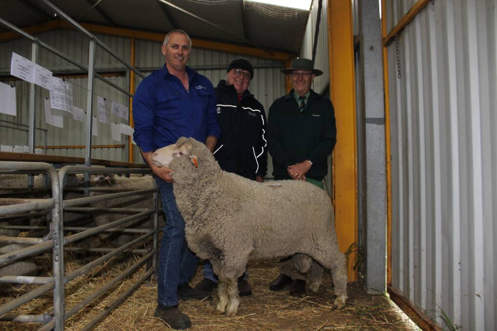 Pictured with the $4000 top-priced ram from Wattle Dale Merino and Poll Merino stud at the Esperance Breeders' Ram Sale last Friday were Wattle Dale stud principal Dave Vandenberghe (left), Scaddan, John Wallace, Wallbrook Farms, Neridup and Landmark Brindley and Gale auctioneer Neil Brindley.