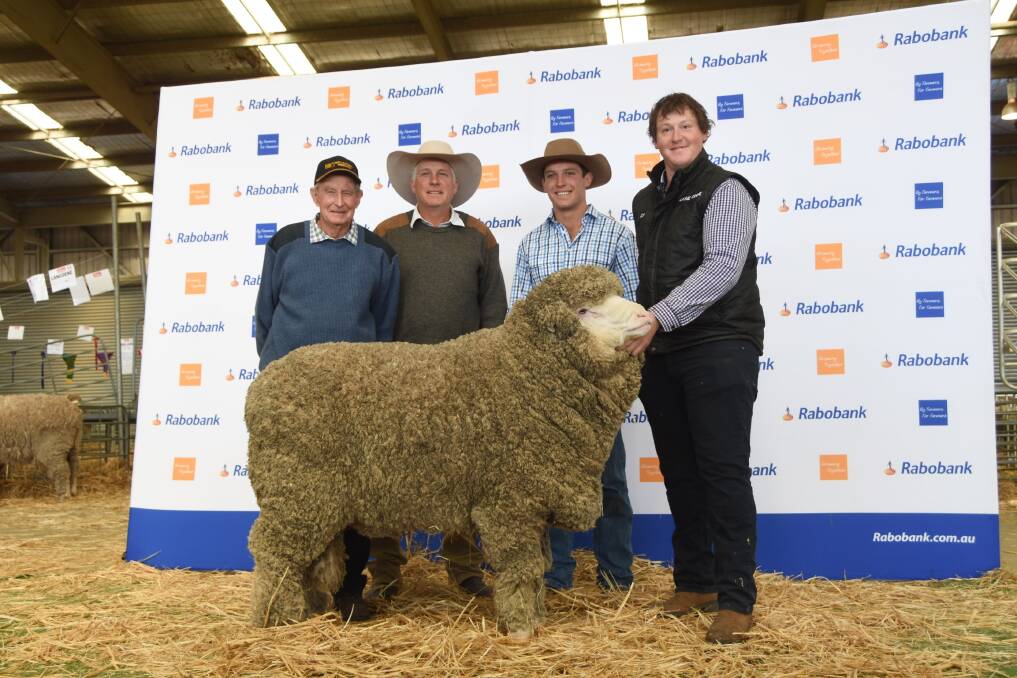 Ross Wells (left), Willandra stud, Jerilderie, New South Wales and Nigel and Charlie Brumpton, Mt Ascot and Jolly Jumbuck studs, Mitchell, Queensland, were buyers of the $22,000 top-priced ram from John Dalla, Orrie Cowie stud, Warooka, South Australia.