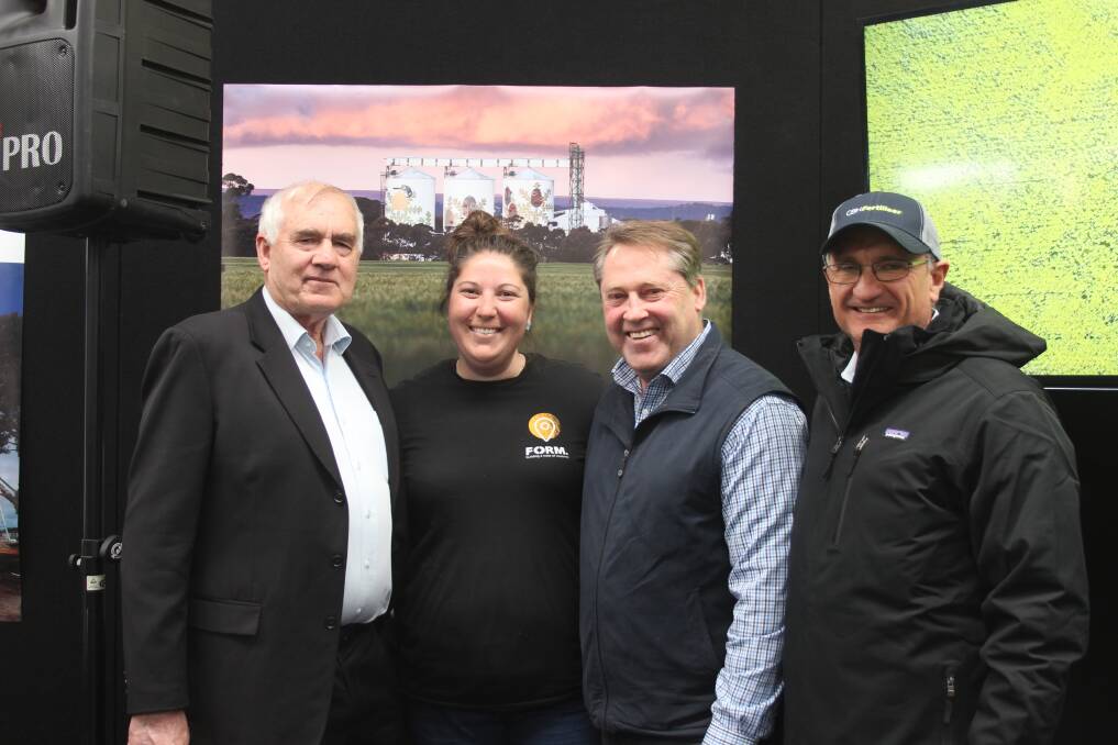 CBH held the official opening of the Public Silo Tour last week in its shed at the Newdegate Machinery Field Days.  Pictured is CBH chairman Wally Newman (left), with FORM project manager Rhianna Pezzaniti (who MC'd the opening), guest speaker and Member for O'Connor Rick Wilson and CBH chief executive officer Jimmy Wilson.