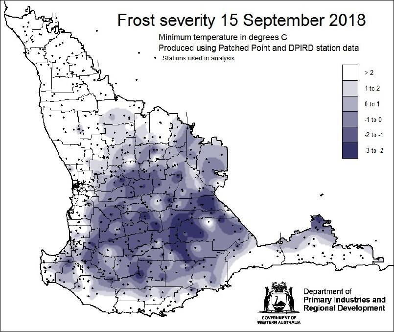 The Department of Primary Industries and Regional Development produced this map of Saturday morning's temperatures when the heaviest frost event this year was recorded across the Central Wheatbelt.