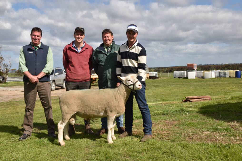  Landmark auctioneer Mark Warren (left), buyer Brenton Addis, Yonga Downs stud, Gnowangerup, Landmark Breeding representative Roy Addis and Kohat stud master Rivers Hyde with the $5200 top price White Suffolk ram sale at the stud's on-property sale at Ongerup last week.  South Australian stud Bundara Downs was a partner in the purchase.