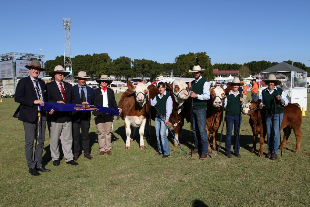 Royal Agricultural Society Of WA president Paul Carter (left), judges Greg Ball, Singleton, New South Wales, Brent Fisher, Silverstream Charolais and Hereford studs, Christchurch, New Zealand and Nicole Nicholls, Tookawhile Charolais stud, Kyogle, NSW, handlers Trinity Edwards, Dardanup, Graham House, Newdegate and Rebecca Trinca, Bunbury and Bandeeka Simmental stud co-principal Loreen Kitchen, El