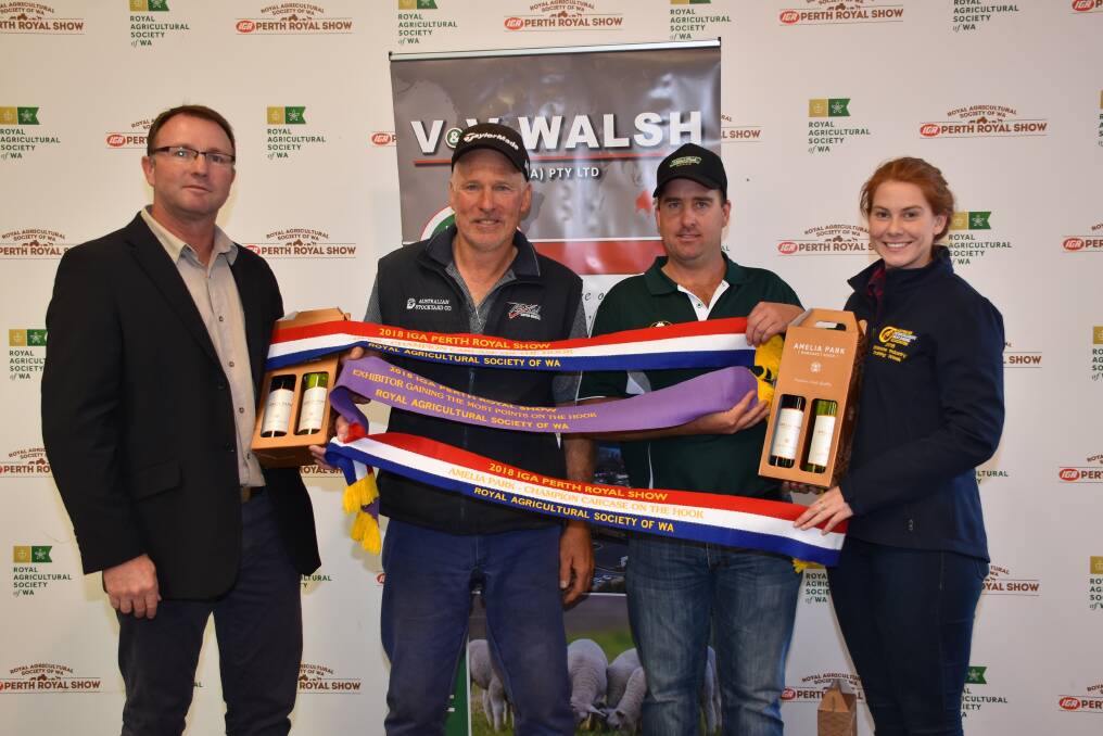 V&V Walsh supply chain manager Dale Miles (left), Jim Glover, JimJan Texel stud, Boyup Brook, V&V livestock buyer Adam Becker and judge Lauren Smith, celebrate the Glover family's success in the prime lamb carcase competition were it was the most successful exhibitor and exhibited both the champion open carcase and champion Amelia Park carcase.