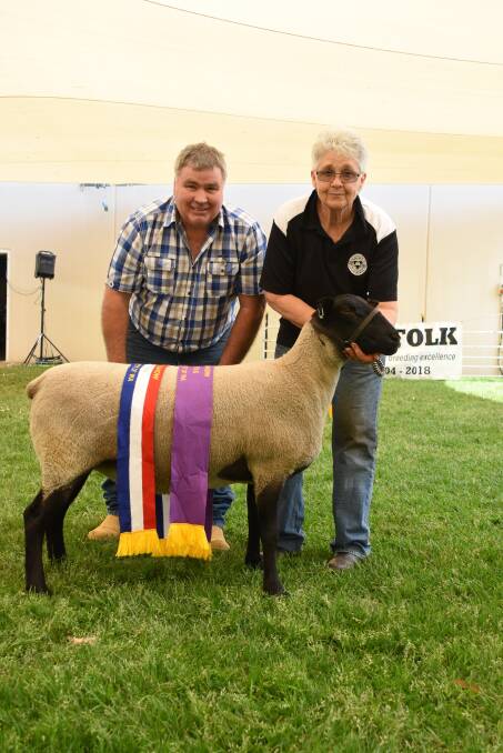 With the grand champion and champion Suffolk ewe exhibited by the Pamellen stud, Clackline, are judge Anthony Ferguson, Anna Villa White Suffolk and Suffolk stud, Weetulta, South Australia and Pamellen co-principal Pam Hinkley.
