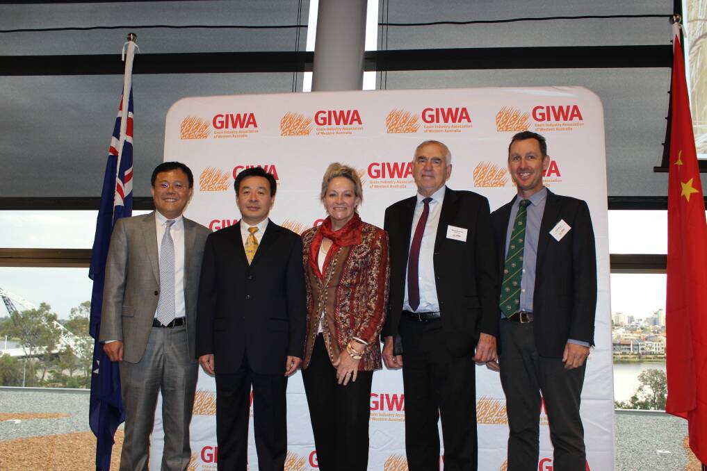  Keynote speaker and chief executive of COFCO International Australia/New Zealand Yebin (Bruce) Li (left), Chinese consul-general to Perth Lei Kezhong, Regional Development, Agriculture and Food Minister Alannah MacTiernan who opened the 2018 Grain Industry Association of WA (GIWA) forum last week, major forum sponsor CBH Group represented by chairman Wally Newman and GIWA chairman. 