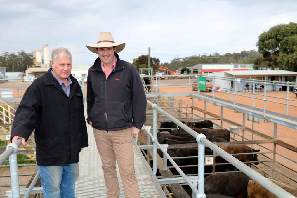 John Kezich (left), Manjimup, rarely misses a Manjimup sale and was on the rail with Cameron Harris, Elders Manjimup.