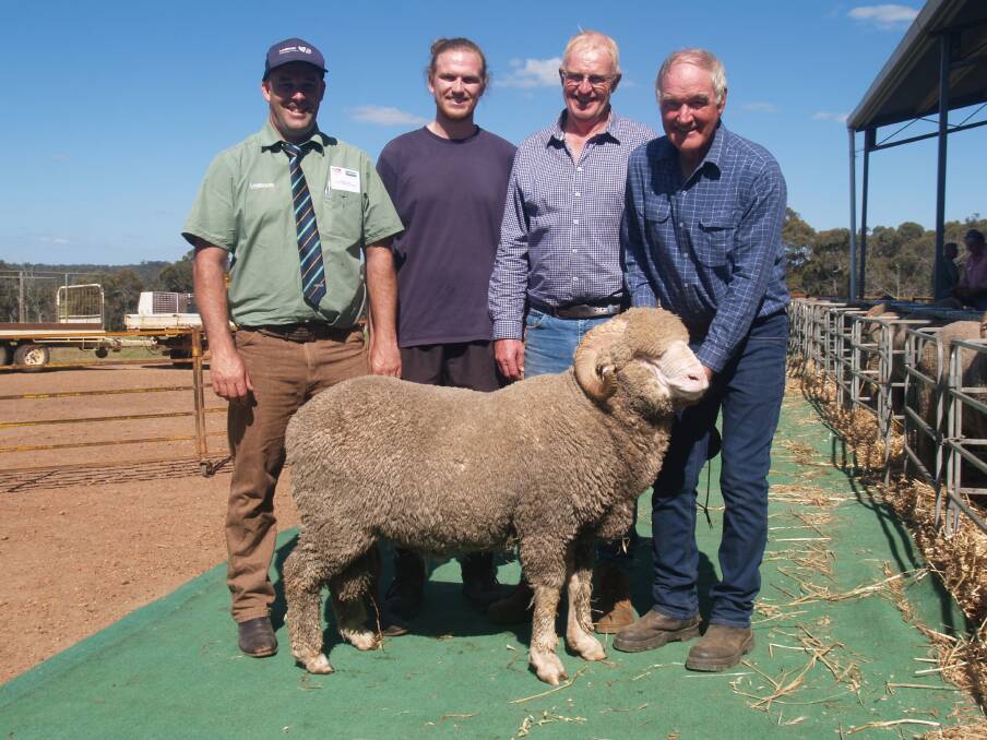 With the top-priced Dongiemon Merino ram which sold for $2400 at the Dongiemon-Tilba Tilba on-property ram sale at Williams on Monday are Landmark Williams agent Ben Kealy (left), buyers Sam and Mike Burges, Condomine Farms, Cuballing and Dongiemon co-principal Stuart Rintoul.